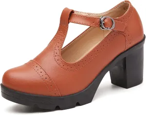 DADAWEN Women's Classic T-Strap Platform Mid-Heel Square Toe Oxfords Dress Shoes