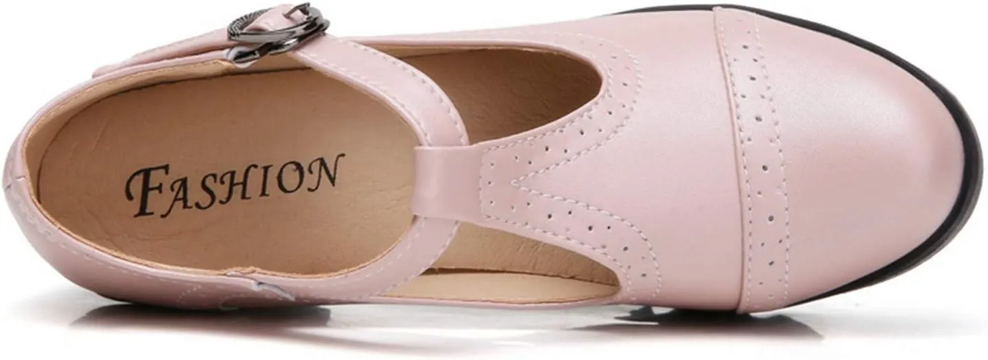 DADAWEN Women's Classic T-Strap Platform Mid-Heel Square Toe Oxfords Dress Shoes
