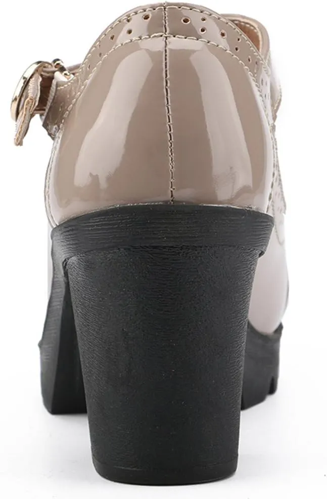 DADAWEN Women's Classic T-Strap Platform Mid-Heel Square Toe Oxfords Dress Shoes