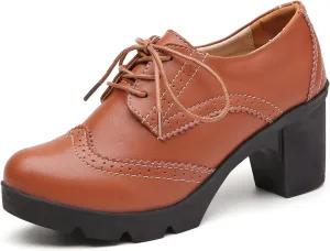 DADAWEN Women's Classic T-Strap Platform Mid-Heel Square Toe Oxfords Dress Shoes