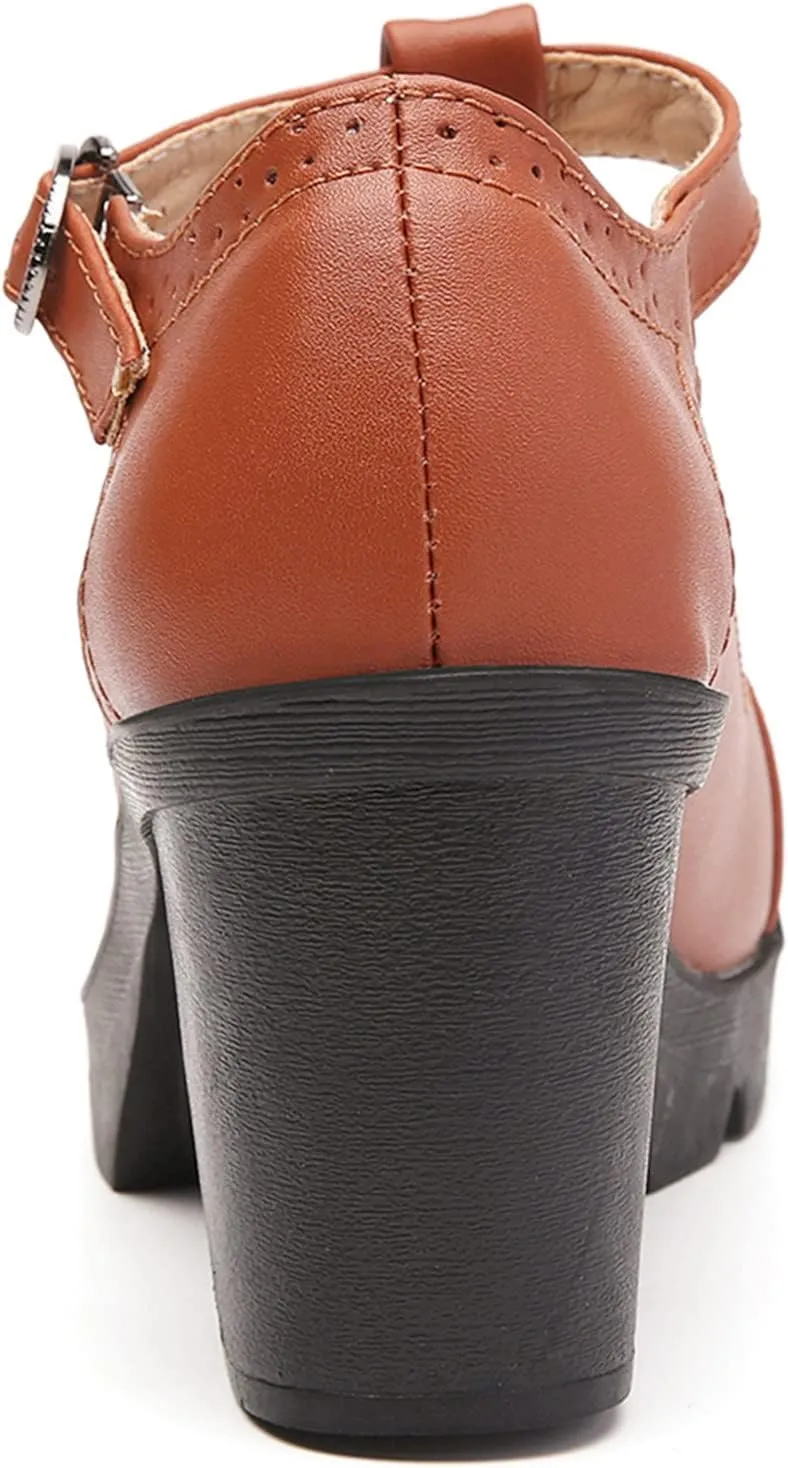 DADAWEN Women's Classic T-Strap Platform Mid-Heel Square Toe Oxfords Dress Shoes