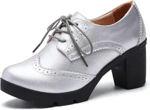 DADAWEN Women's Classic T-Strap Platform Mid-Heel Square Toe Oxfords Dress Shoes