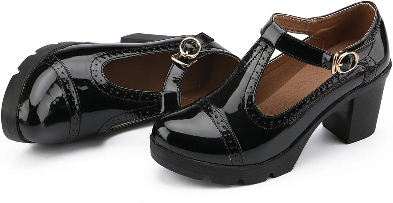 DADAWEN Women's Classic T-Strap Platform Mid-Heel Square Toe Oxfords Dress Shoes