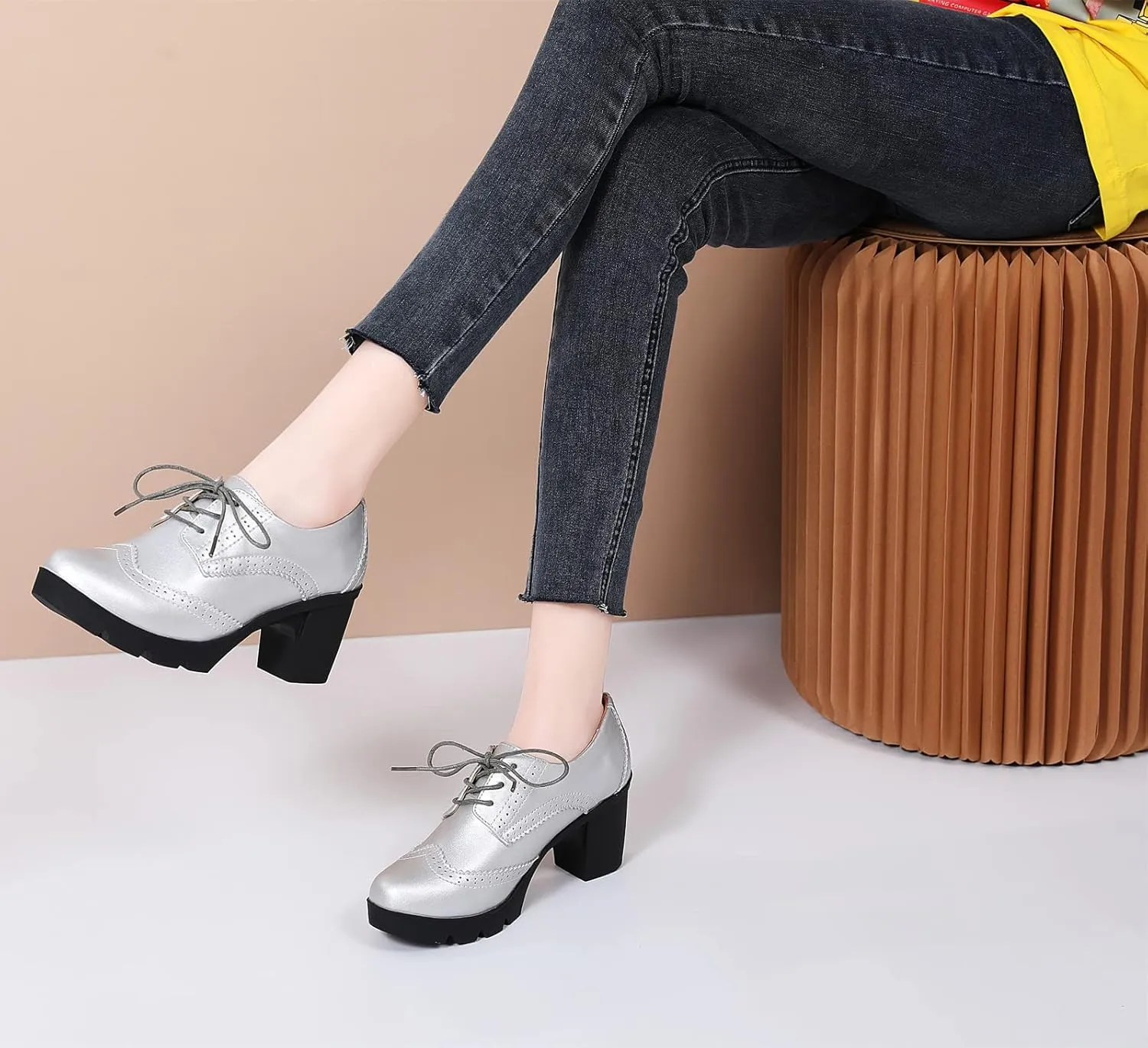 DADAWEN Women's Classic T-Strap Platform Mid-Heel Square Toe Oxfords Dress Shoes
