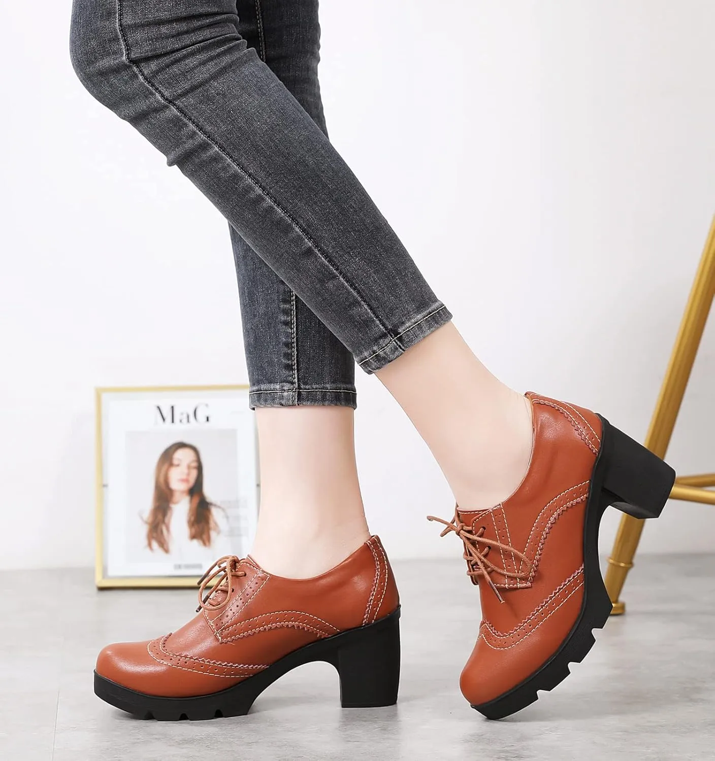 DADAWEN Women's Classic T-Strap Platform Mid-Heel Square Toe Oxfords Dress Shoes