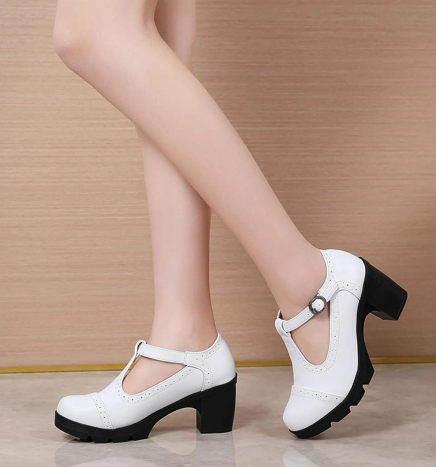 DADAWEN Women's Classic T-Strap Platform Mid-Heel Square Toe Oxfords Dress Shoes