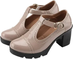 DADAWEN Women's Classic T-Strap Platform Mid-Heel Square Toe Oxfords Dress Shoes