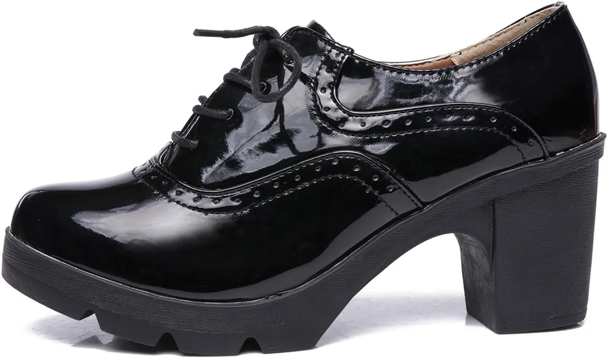 DADAWEN Women's Classic T-Strap Platform Mid-Heel Square Toe Oxfords Dress Shoes
