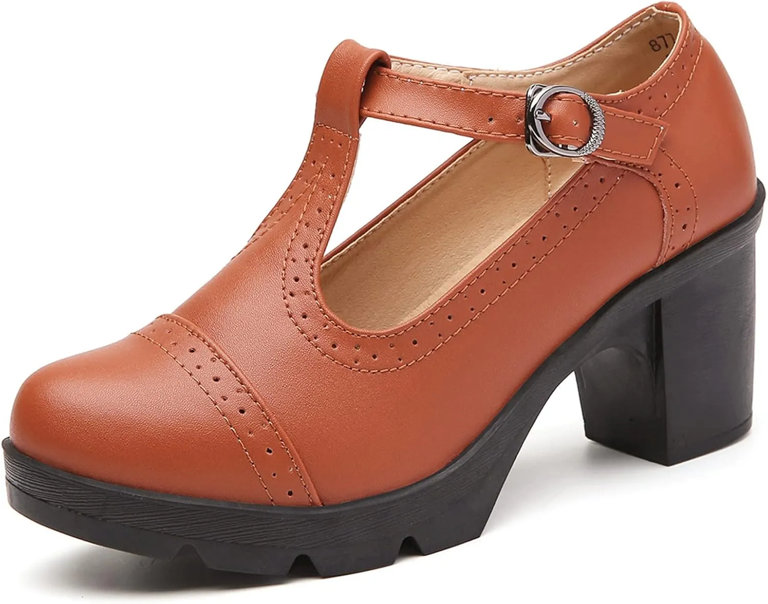 DADAWEN Women's Classic T-Strap Platform Mid-Heel Square Toe Oxfords Dress Shoes