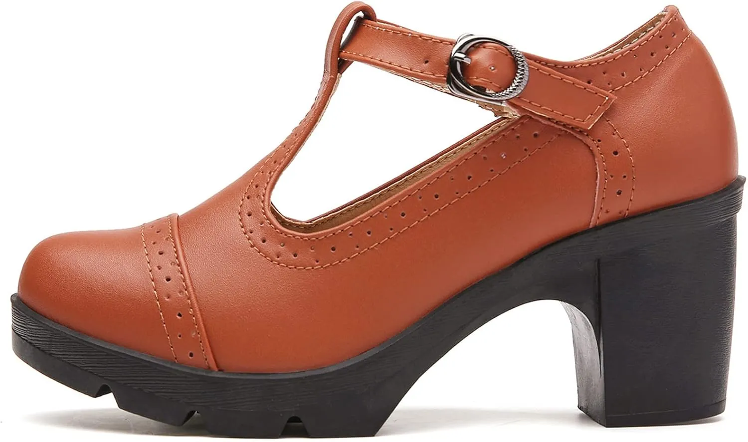 DADAWEN Women's Classic T-Strap Platform Mid-Heel Square Toe Oxfords Dress Shoes