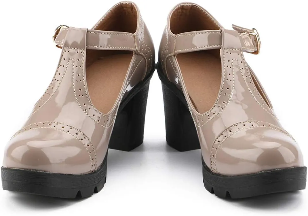 DADAWEN Women's Classic T-Strap Platform Mid-Heel Square Toe Oxfords Dress Shoes