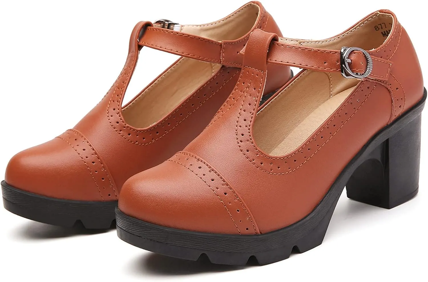 DADAWEN Women's Classic T-Strap Platform Mid-Heel Square Toe Oxfords Dress Shoes