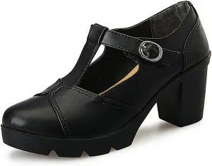 DADAWEN Women's Classic T-Strap Platform Mid-Heel Square Toe Oxfords Dress Shoes
