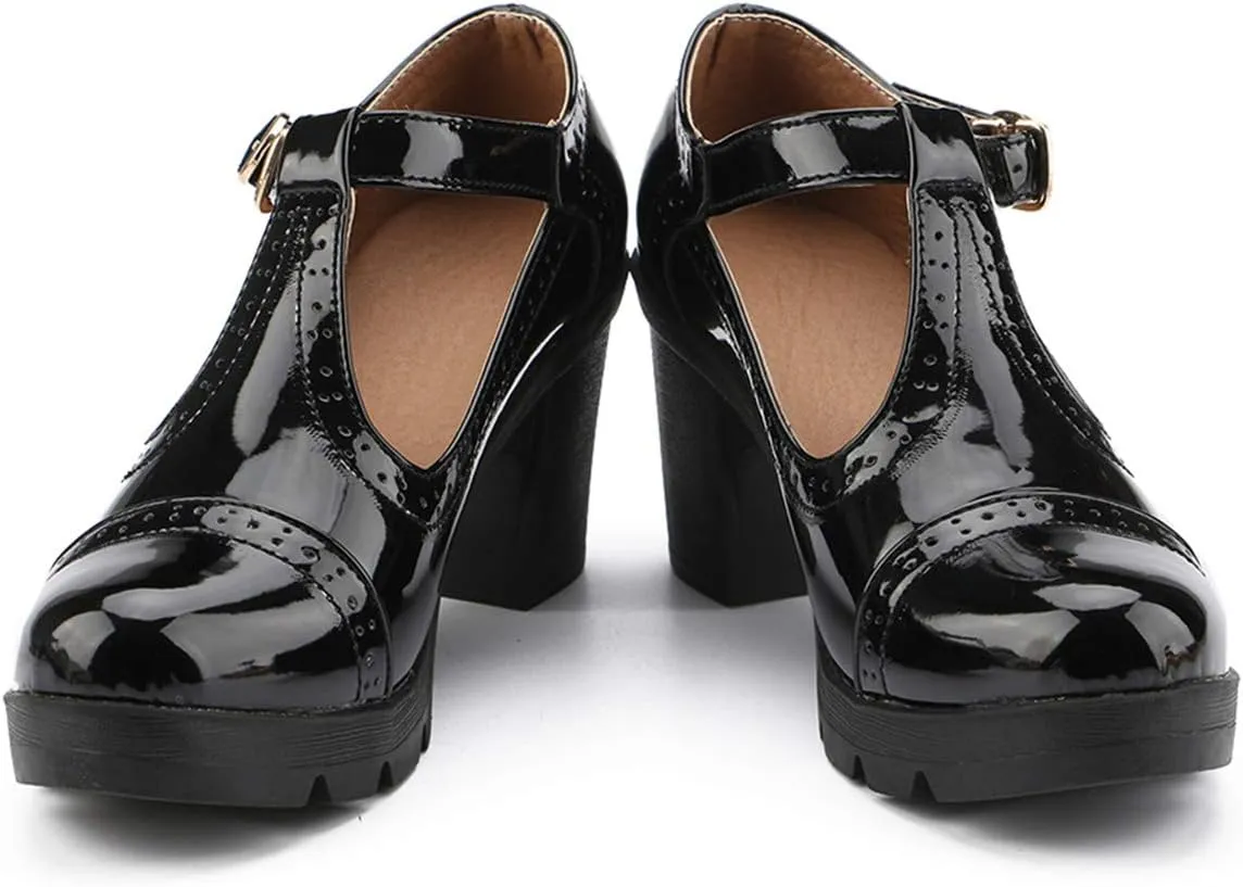 DADAWEN Women's Classic T-Strap Platform Mid-Heel Square Toe Oxfords Dress Shoes