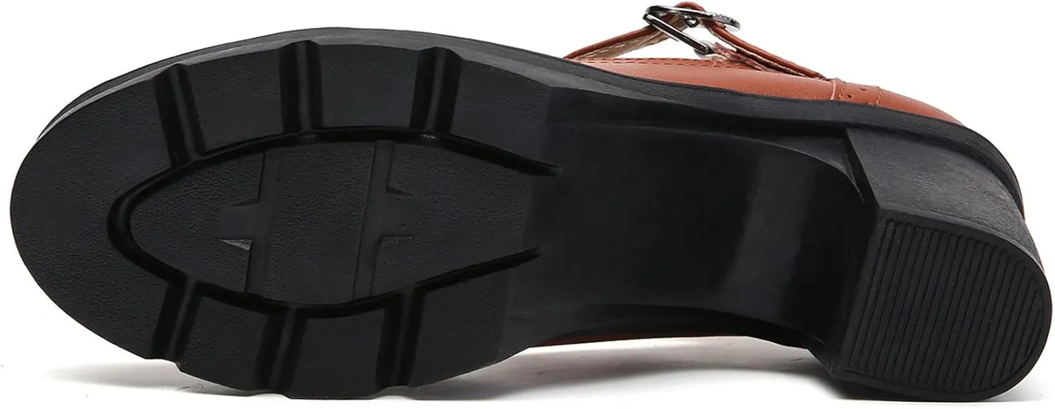 DADAWEN Women's Classic T-Strap Platform Mid-Heel Square Toe Oxfords Dress Shoes