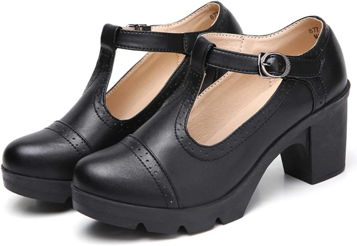 DADAWEN Women's Classic T-Strap Platform Mid-Heel Square Toe Oxfords Dress Shoes