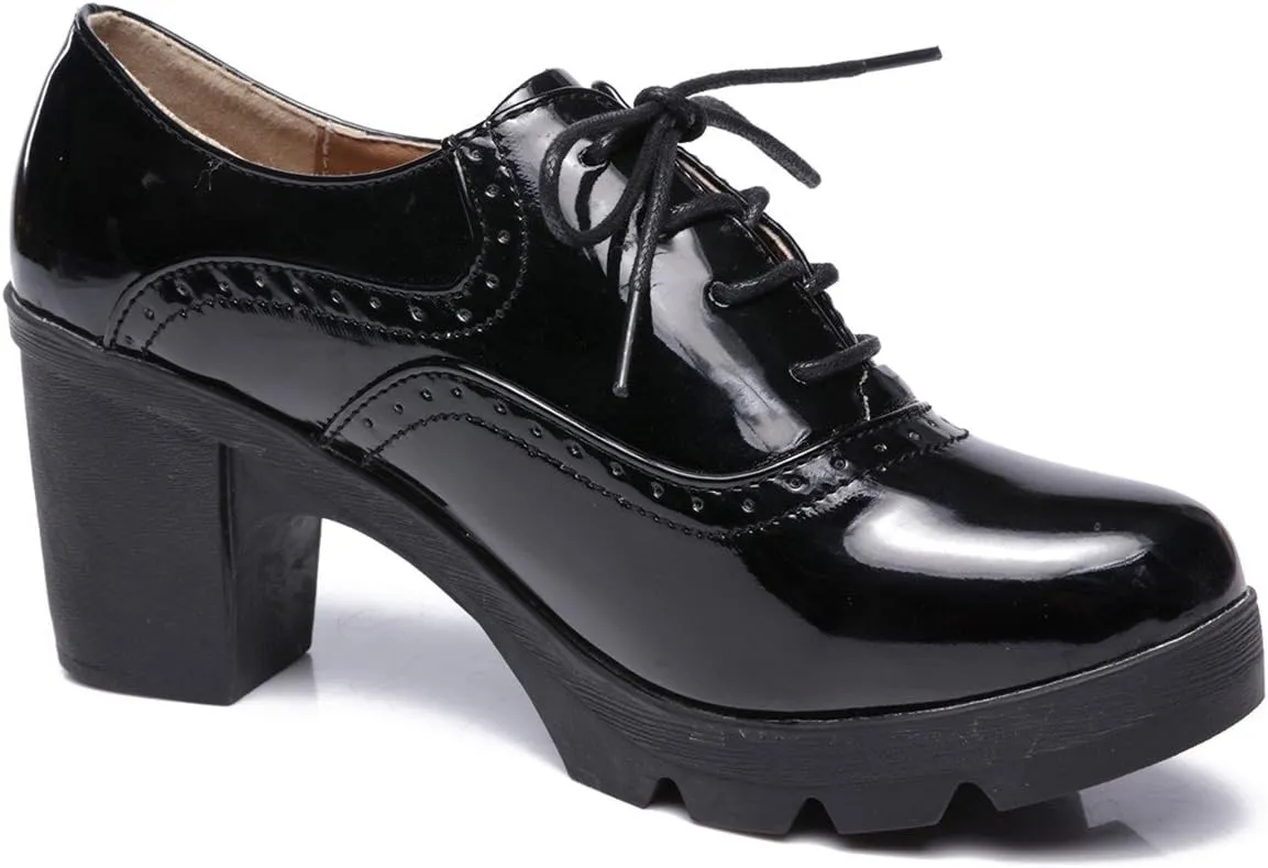 DADAWEN Women's Classic T-Strap Platform Mid-Heel Square Toe Oxfords Dress Shoes