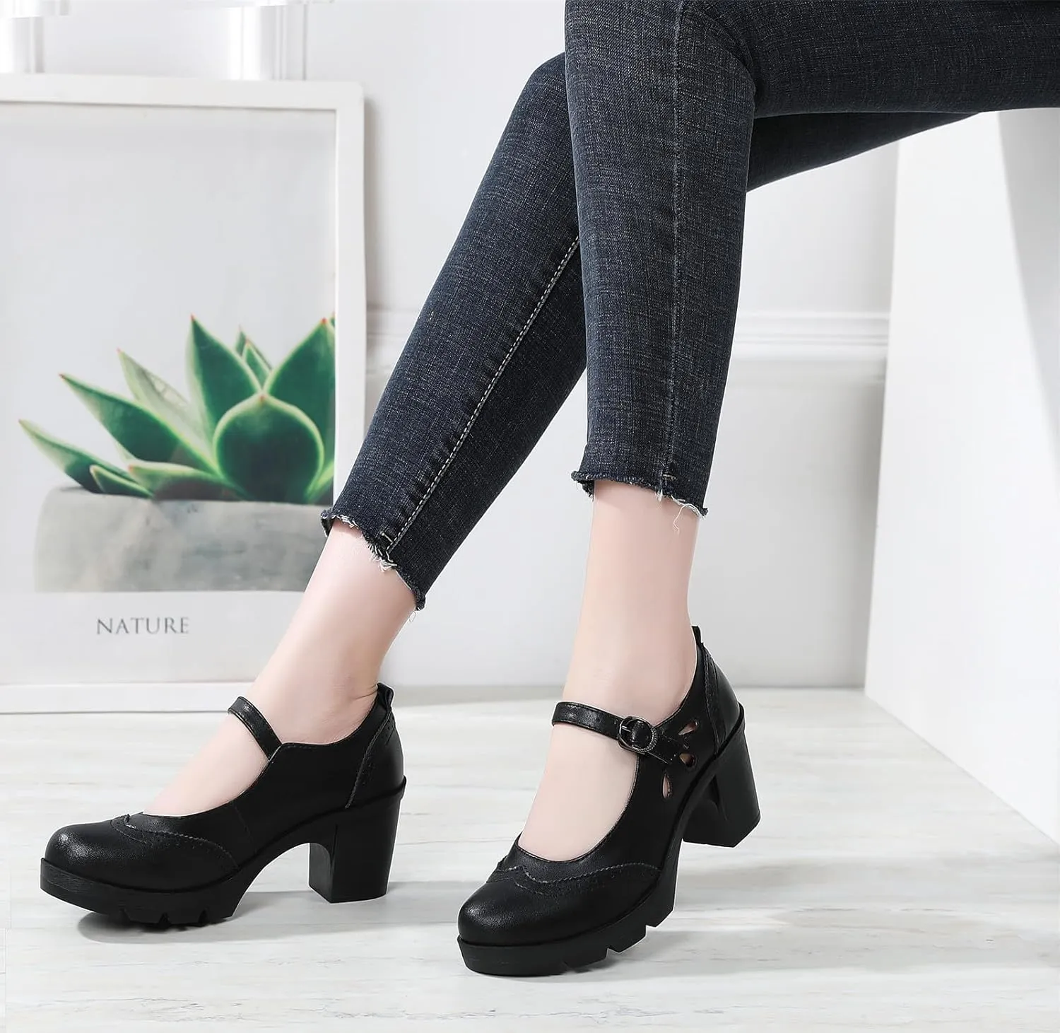 DADAWEN Women's Leather Classic Mary Jane Ankle Strap Round Toe Mid Heel Platform Pumps Oxfords Dress Shoes