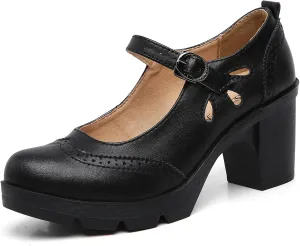 DADAWEN Women's Leather Classic Mary Jane Ankle Strap Round Toe Mid Heel Platform Pumps Oxfords Dress Shoes