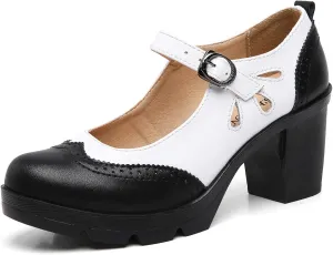 DADAWEN Women's Leather Classic Mary Jane Ankle Strap Round Toe Mid Heel Platform Pumps Oxfords Dress Shoes