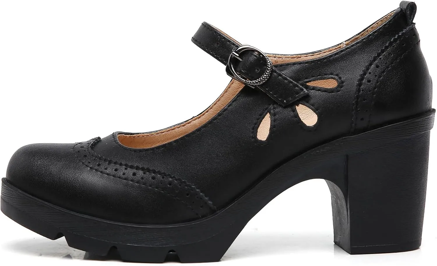 DADAWEN Women's Leather Classic Mary Jane Ankle Strap Round Toe Mid Heel Platform Pumps Oxfords Dress Shoes