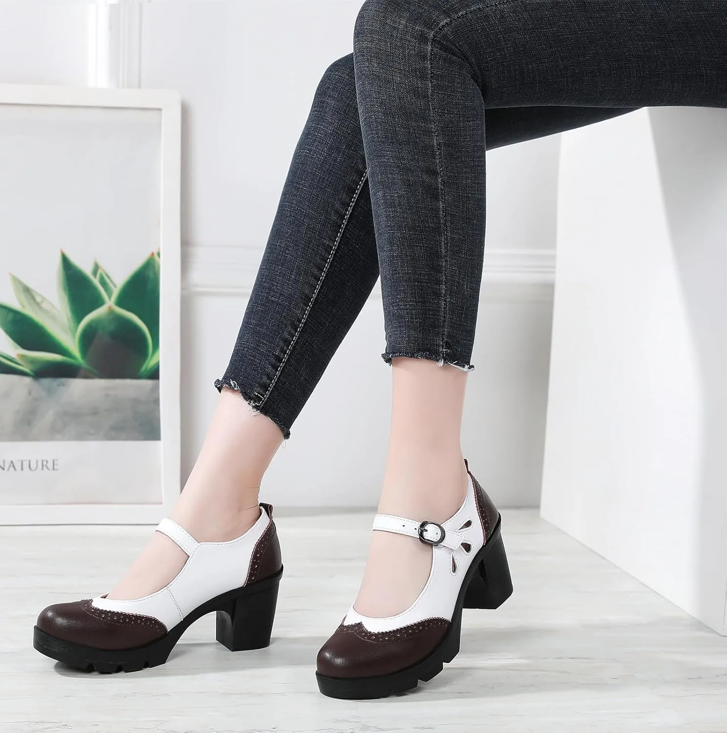 DADAWEN Women's Leather Classic Mary Jane Ankle Strap Round Toe Mid Heel Platform Pumps Oxfords Dress Shoes