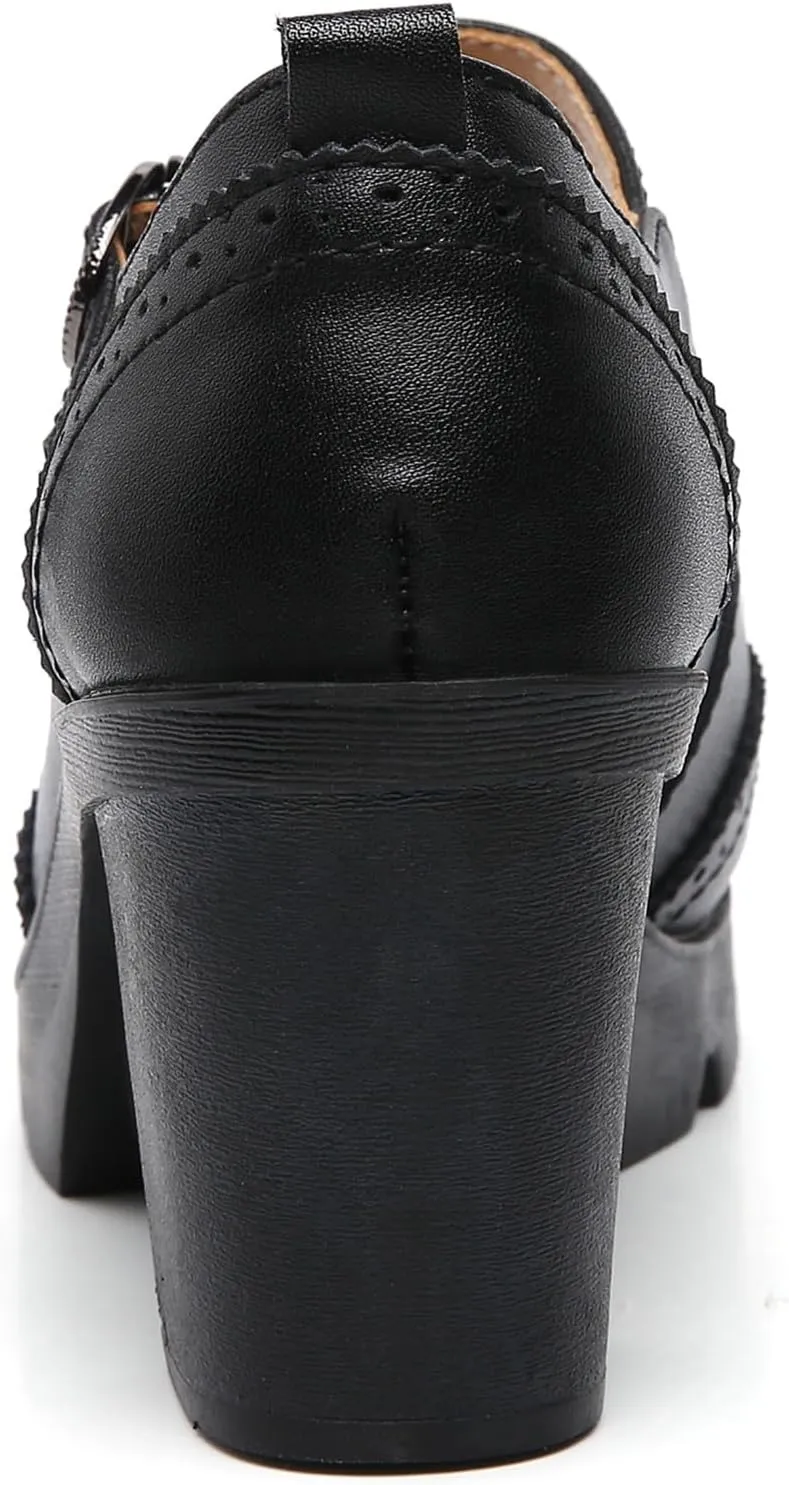 DADAWEN Women's Leather Classic Mary Jane Ankle Strap Round Toe Mid Heel Platform Pumps Oxfords Dress Shoes