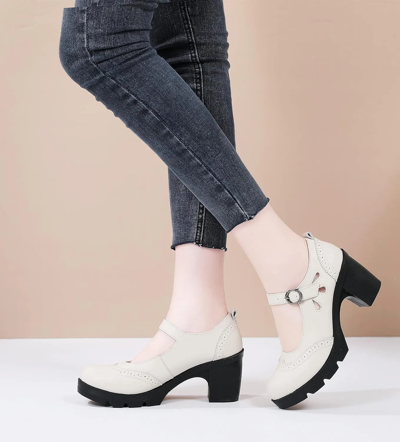 DADAWEN Women's Leather Classic Mary Jane Ankle Strap Round Toe Mid Heel Platform Pumps Oxfords Dress Shoes