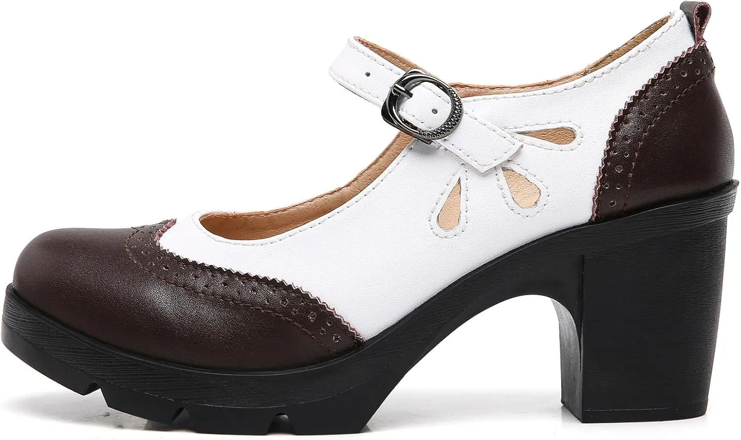 DADAWEN Women's Leather Classic Mary Jane Ankle Strap Round Toe Mid Heel Platform Pumps Oxfords Dress Shoes