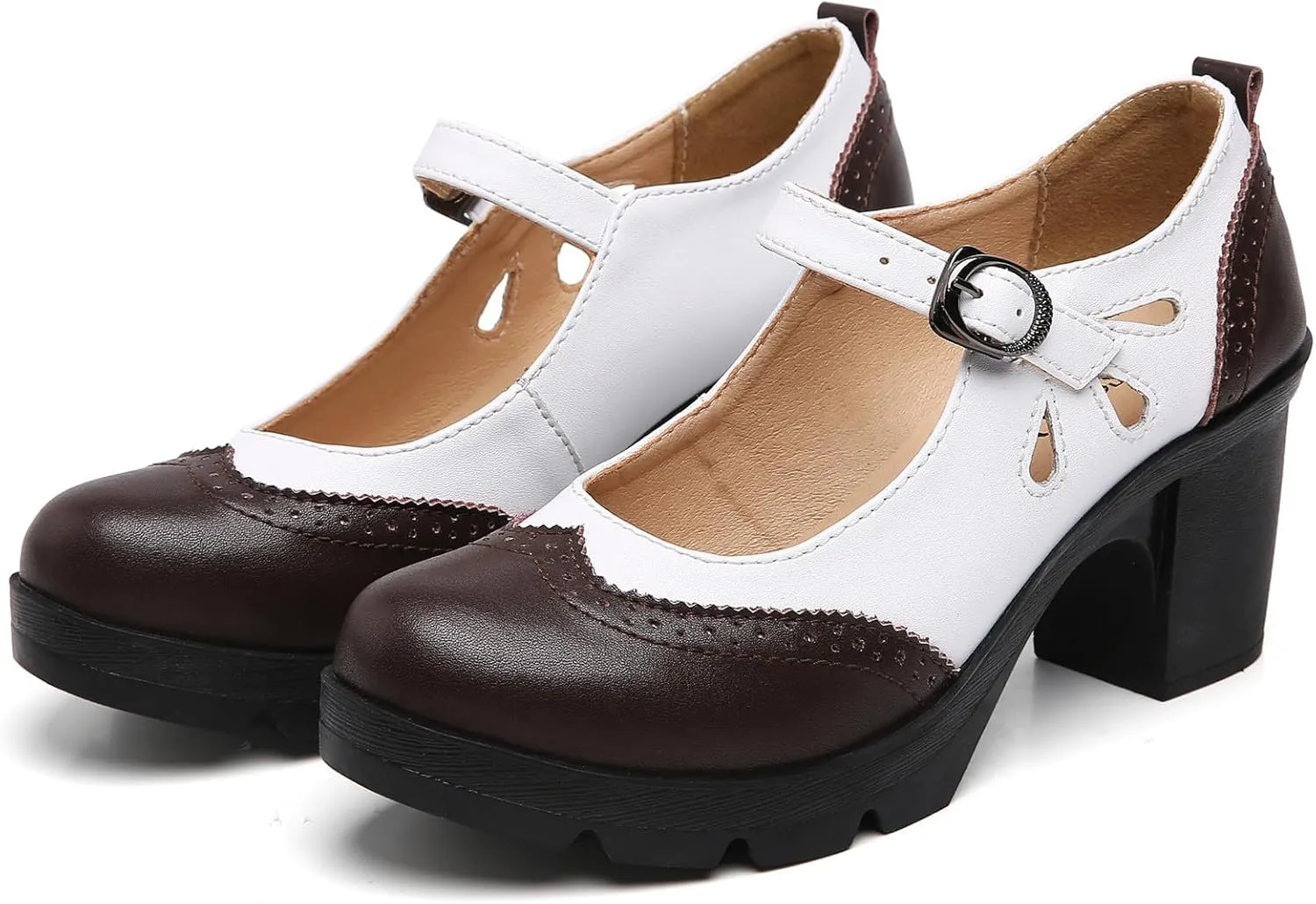 DADAWEN Women's Leather Classic Mary Jane Ankle Strap Round Toe Mid Heel Platform Pumps Oxfords Dress Shoes