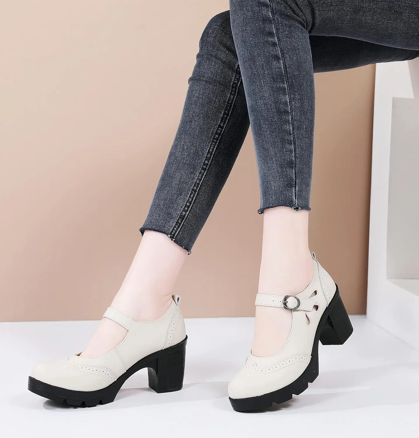 DADAWEN Women's Leather Classic Mary Jane Ankle Strap Round Toe Mid Heel Platform Pumps Oxfords Dress Shoes