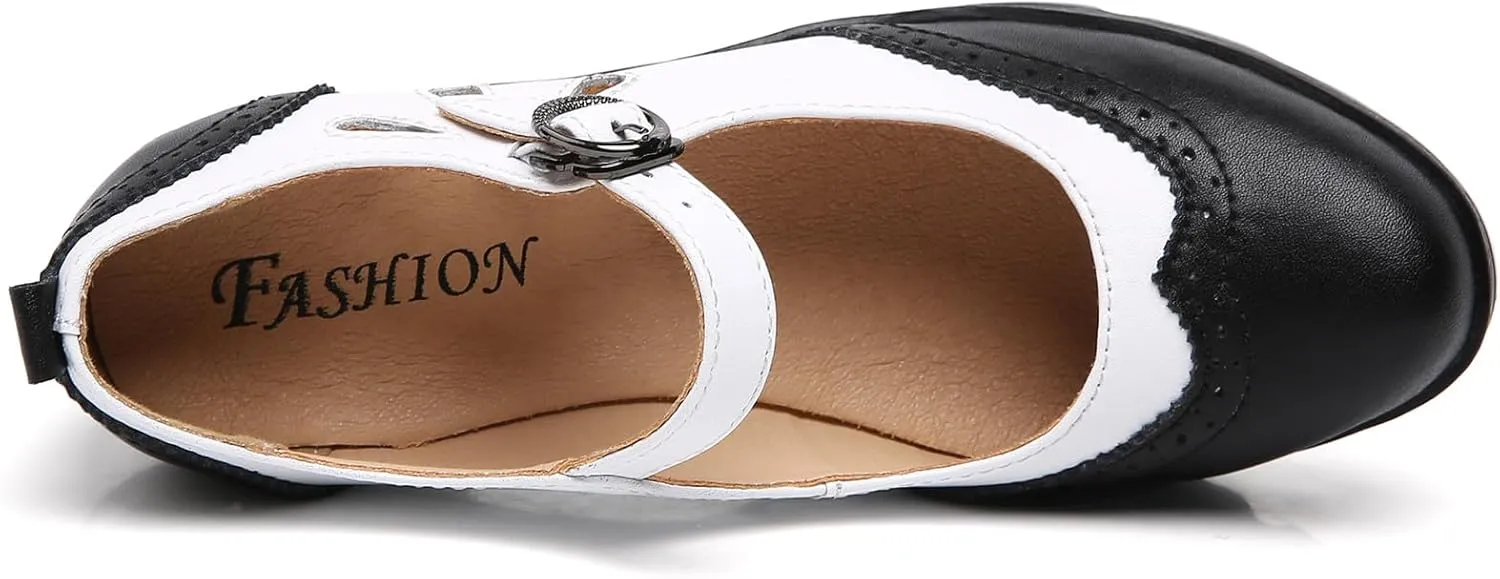 DADAWEN Women's Leather Classic Mary Jane Ankle Strap Round Toe Mid Heel Platform Pumps Oxfords Dress Shoes