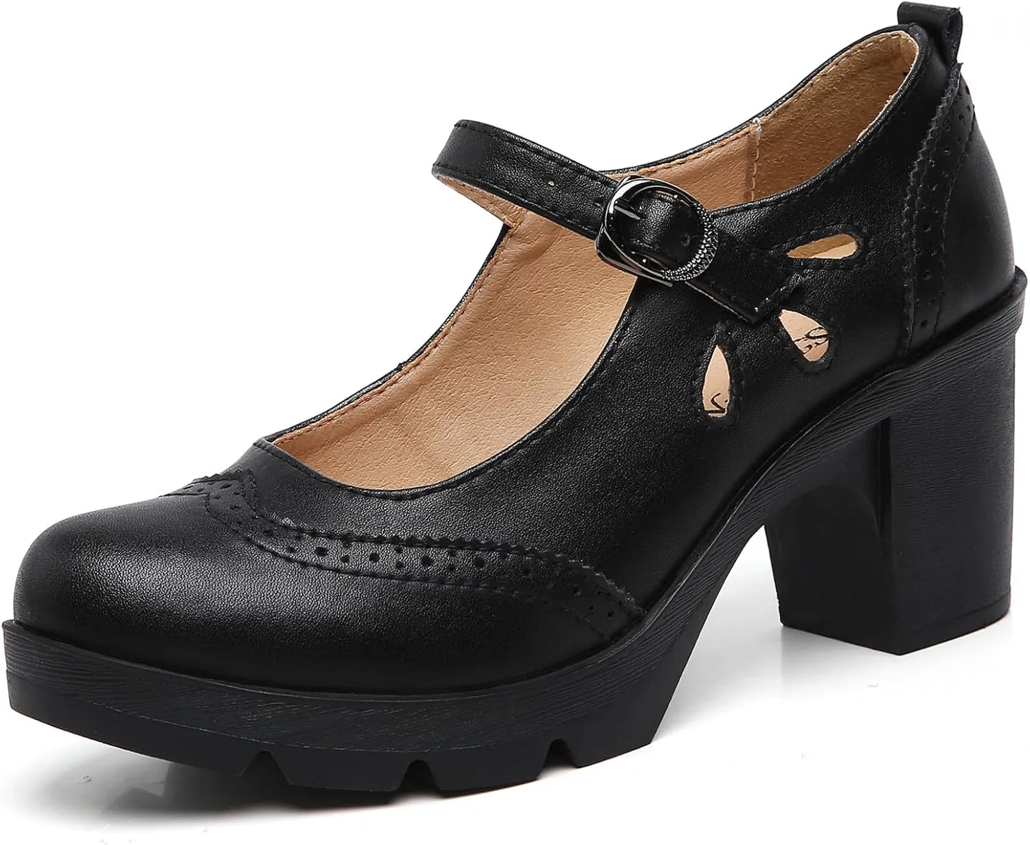 DADAWEN Women's Leather Classic Mary Jane Ankle Strap Round Toe Mid Heel Platform Pumps Oxfords Dress Shoes
