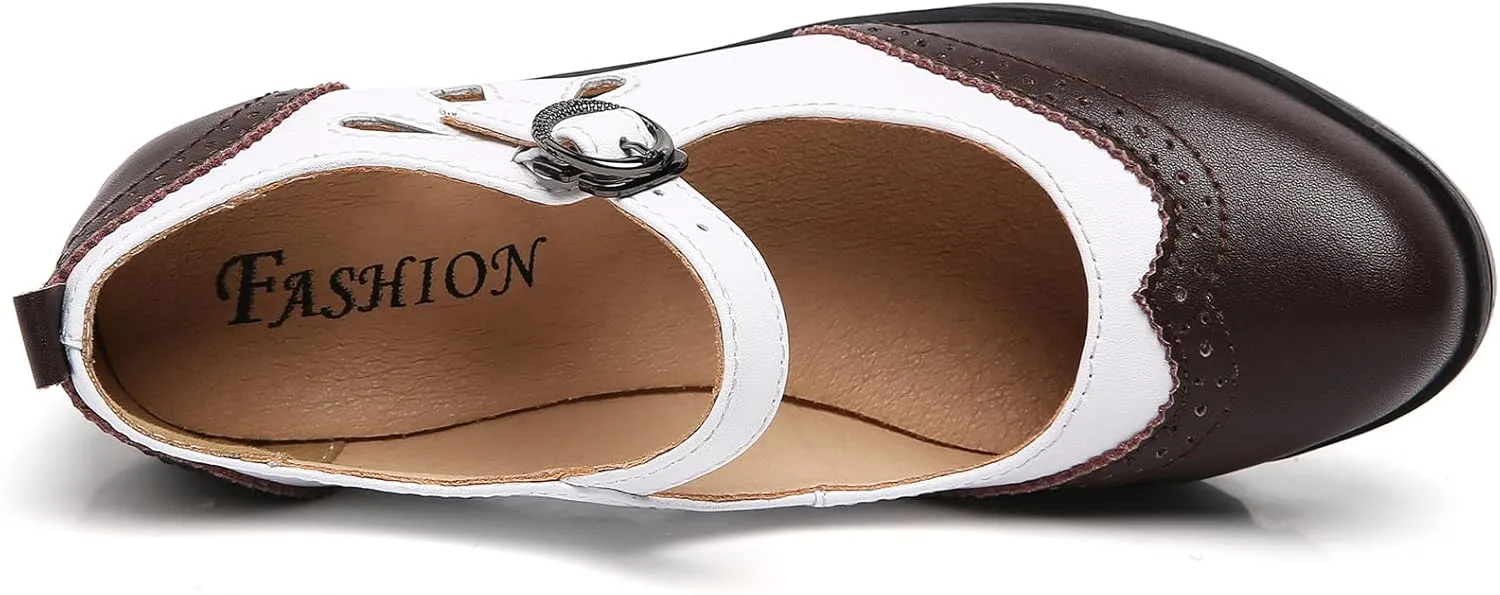 DADAWEN Women's Leather Classic Mary Jane Ankle Strap Round Toe Mid Heel Platform Pumps Oxfords Dress Shoes
