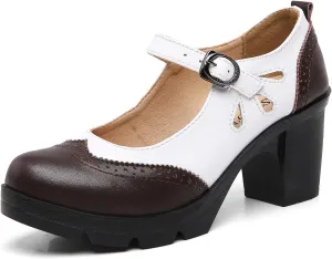 DADAWEN Women's Leather Classic Mary Jane Ankle Strap Round Toe Mid Heel Platform Pumps Oxfords Dress Shoes