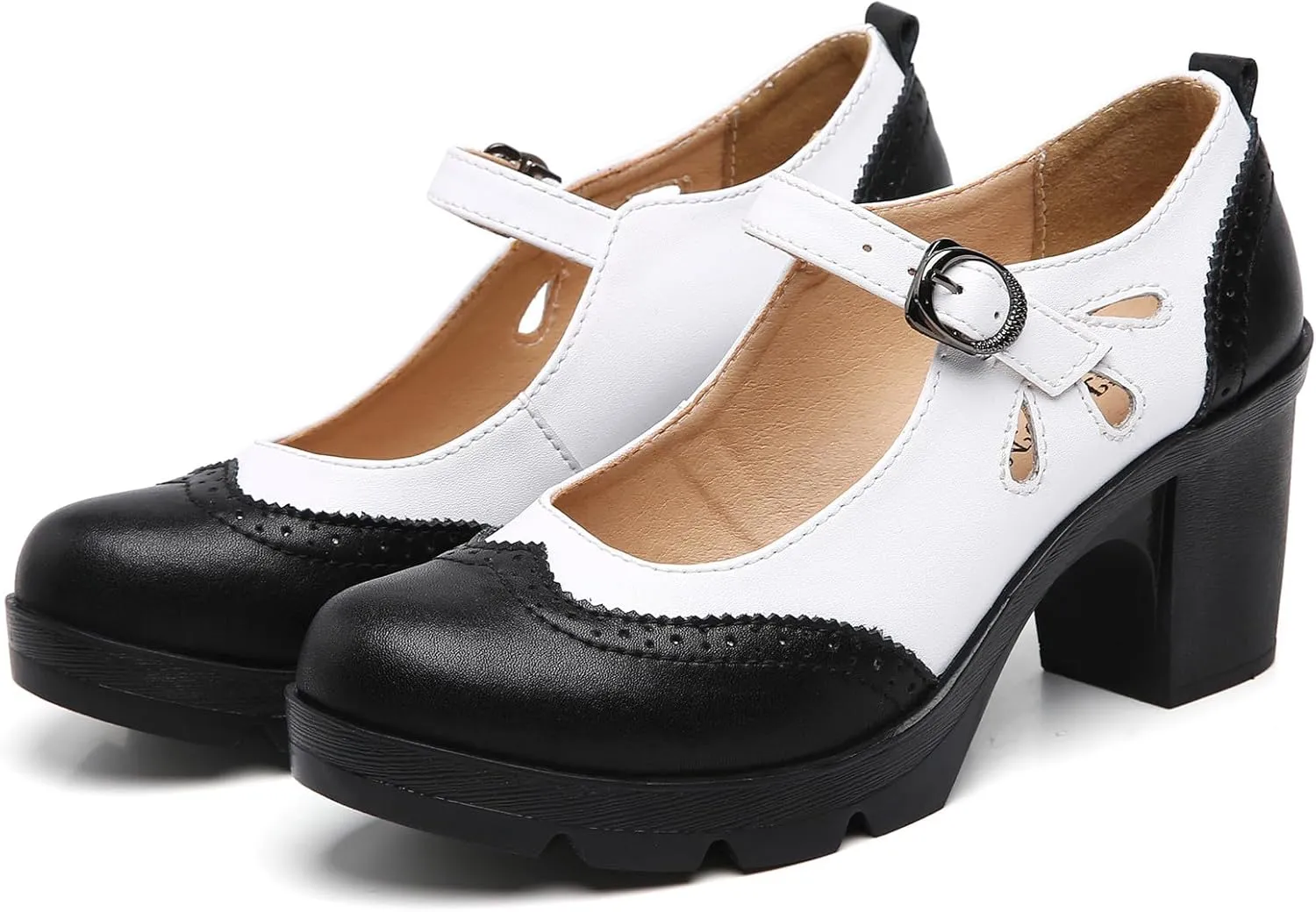 DADAWEN Women's Leather Classic Mary Jane Ankle Strap Round Toe Mid Heel Platform Pumps Oxfords Dress Shoes