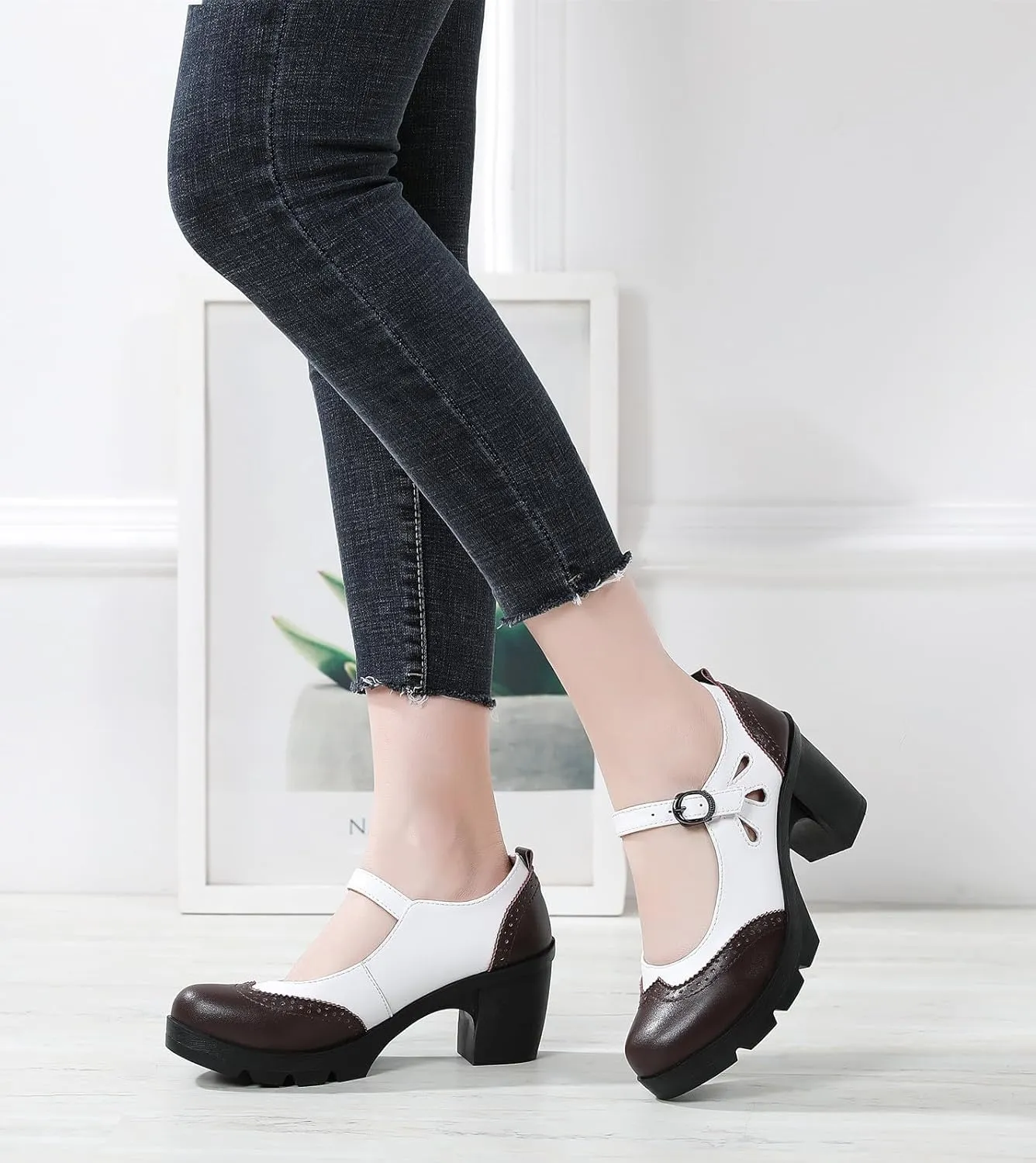 DADAWEN Women's Leather Classic Mary Jane Ankle Strap Round Toe Mid Heel Platform Pumps Oxfords Dress Shoes