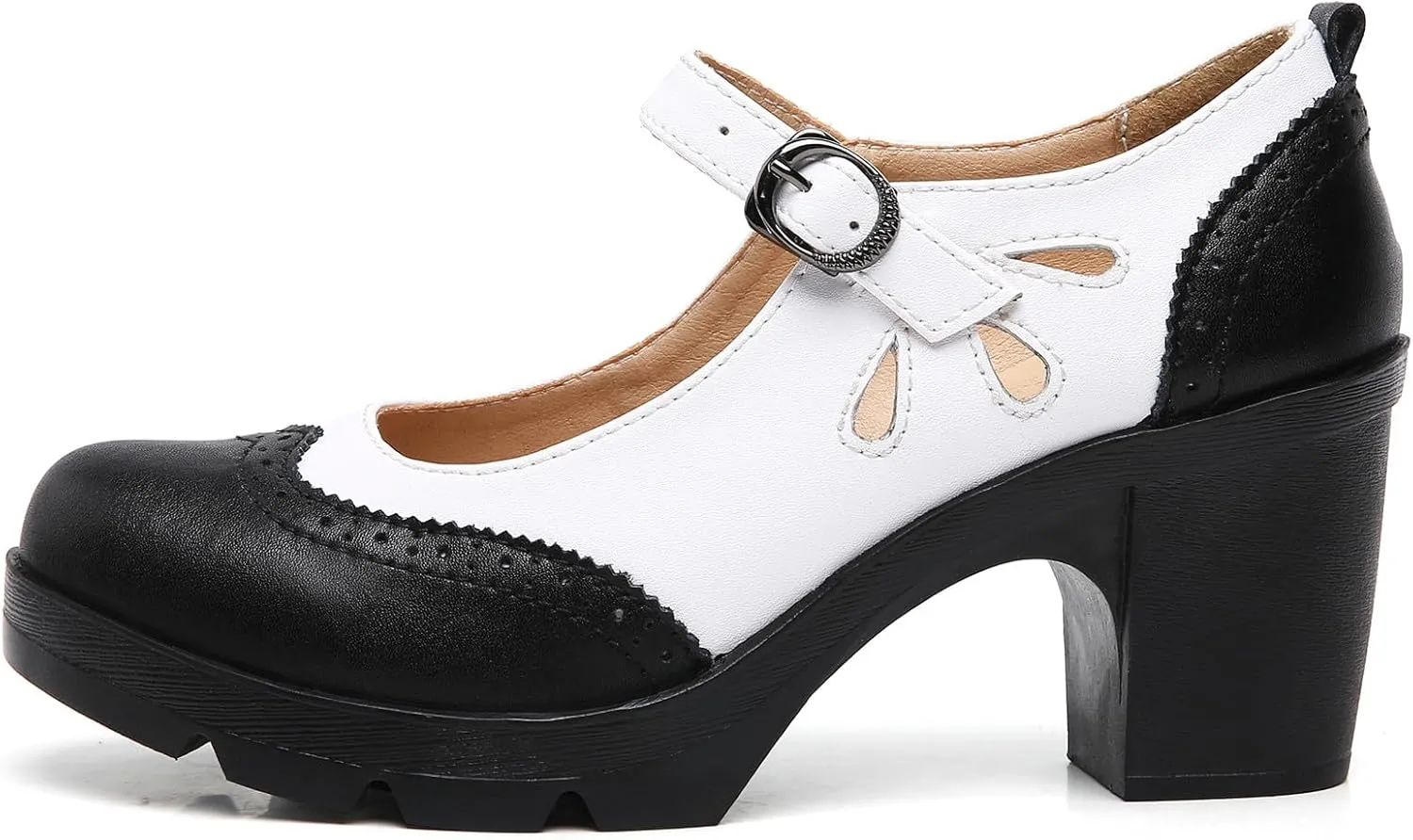 DADAWEN Women's Leather Classic Mary Jane Ankle Strap Round Toe Mid Heel Platform Pumps Oxfords Dress Shoes