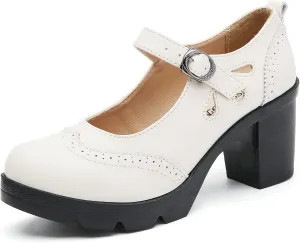 DADAWEN Women's Leather Classic Mary Jane Ankle Strap Round Toe Mid Heel Platform Pumps Oxfords Dress Shoes
