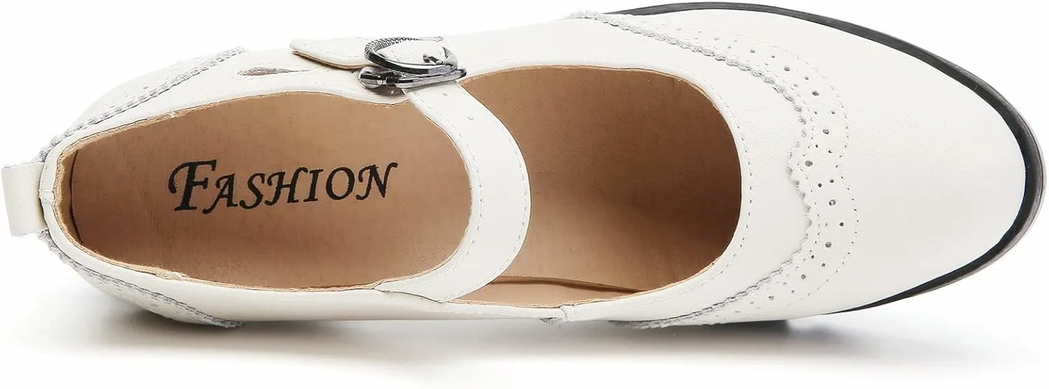 DADAWEN Women's Leather Classic Mary Jane Ankle Strap Round Toe Mid Heel Platform Pumps Oxfords Dress Shoes