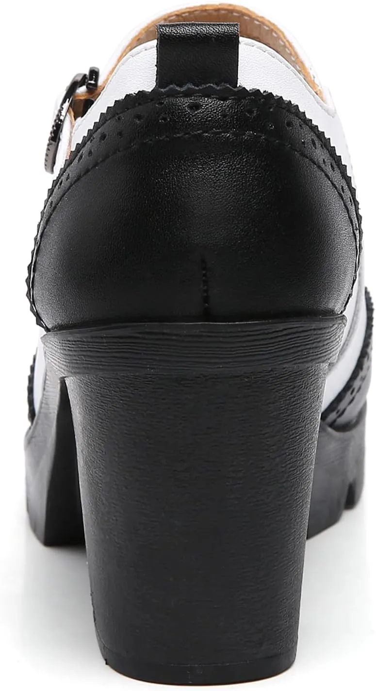 DADAWEN Women's Leather Classic Mary Jane Ankle Strap Round Toe Mid Heel Platform Pumps Oxfords Dress Shoes