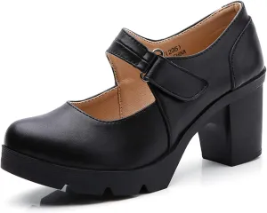 DADAWEN Women's Leather Classic Mid Heel Mary Jane Square Toe Oxfords Platform Dress Pumps Shoes