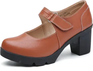 DADAWEN Women's Leather Classic Mid Heel Mary Jane Square Toe Oxfords Platform Dress Pumps Shoes