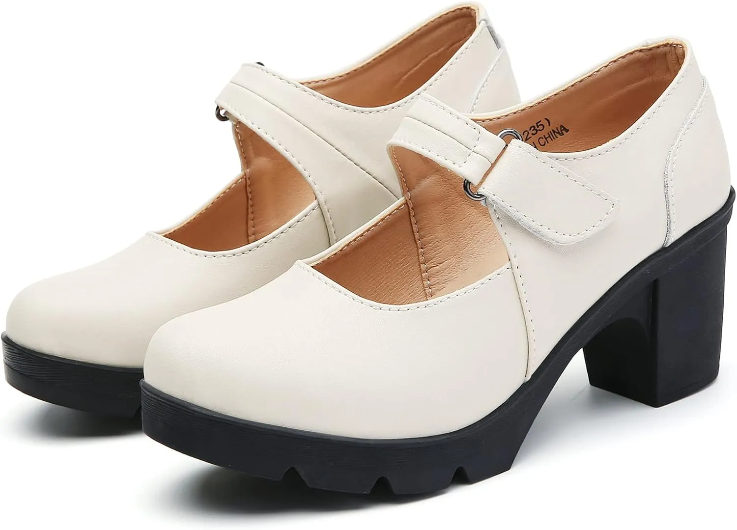 DADAWEN Women's Leather Classic Mid Heel Mary Jane Square Toe Oxfords Platform Dress Pumps Shoes