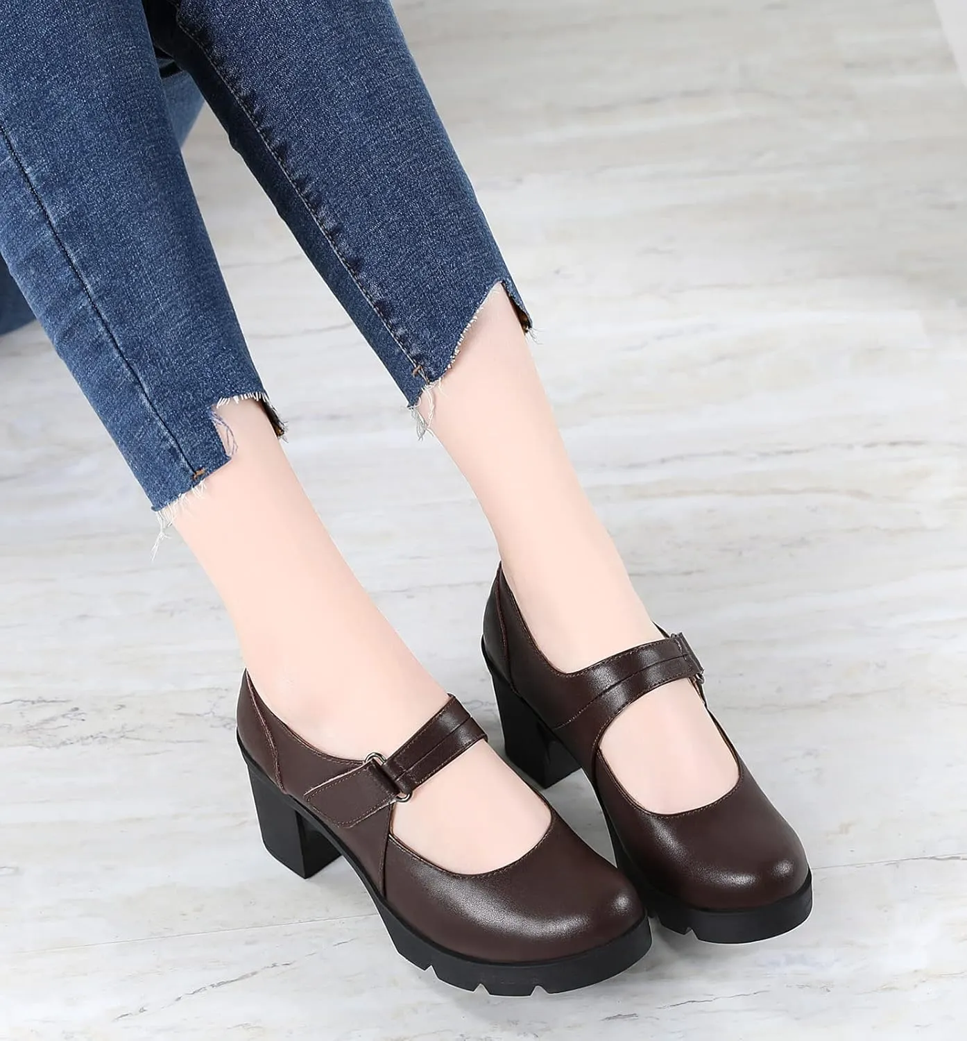 DADAWEN Women's Leather Classic Mid Heel Mary Jane Square Toe Oxfords Platform Dress Pumps Shoes