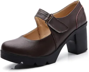 DADAWEN Women's Leather Classic Mid Heel Mary Jane Square Toe Oxfords Platform Dress Pumps Shoes