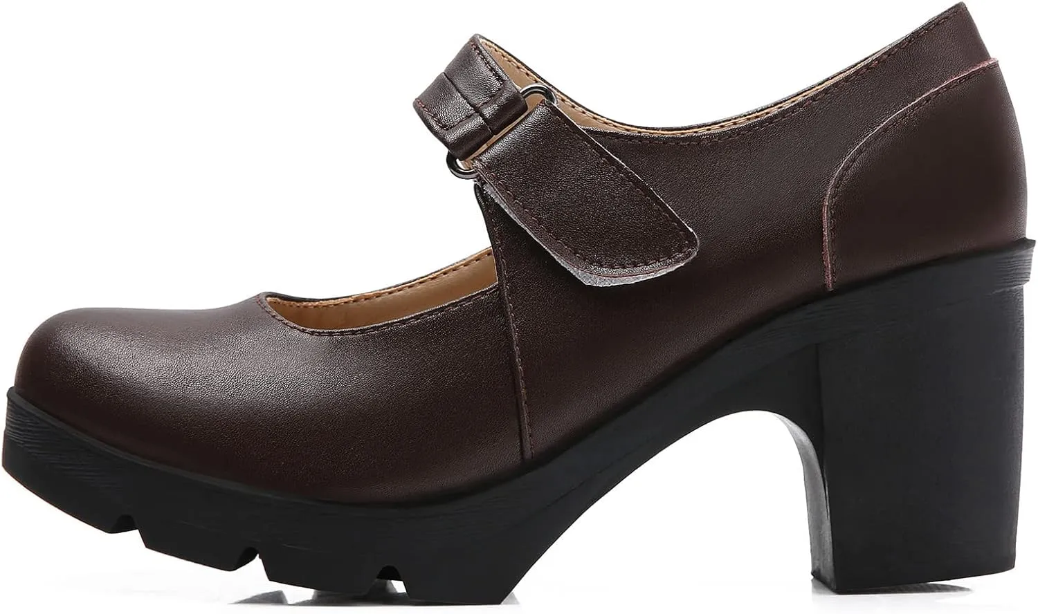 DADAWEN Women's Leather Classic Mid Heel Mary Jane Square Toe Oxfords Platform Dress Pumps Shoes