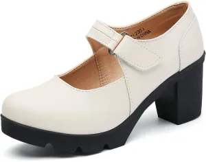 DADAWEN Women's Leather Classic Mid Heel Mary Jane Square Toe Oxfords Platform Dress Pumps Shoes