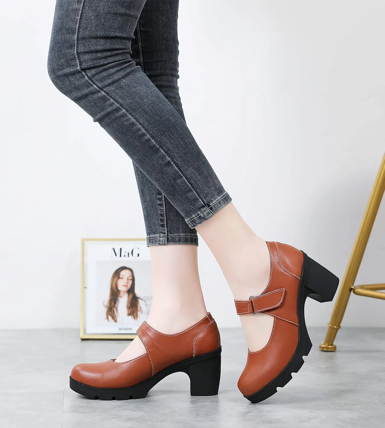 DADAWEN Women's Leather Classic Mid Heel Mary Jane Square Toe Oxfords Platform Dress Pumps Shoes