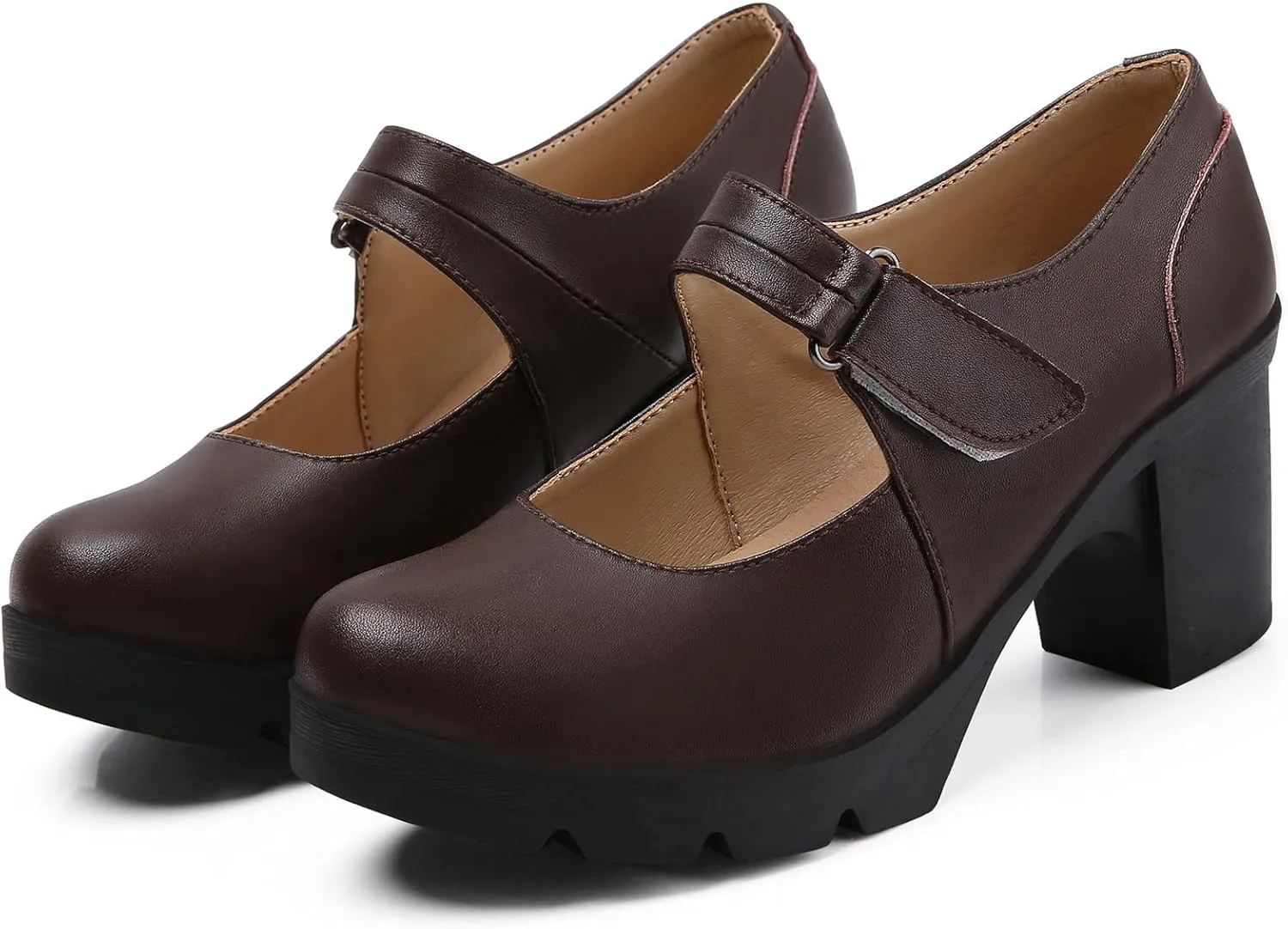DADAWEN Women's Leather Classic Mid Heel Mary Jane Square Toe Oxfords Platform Dress Pumps Shoes